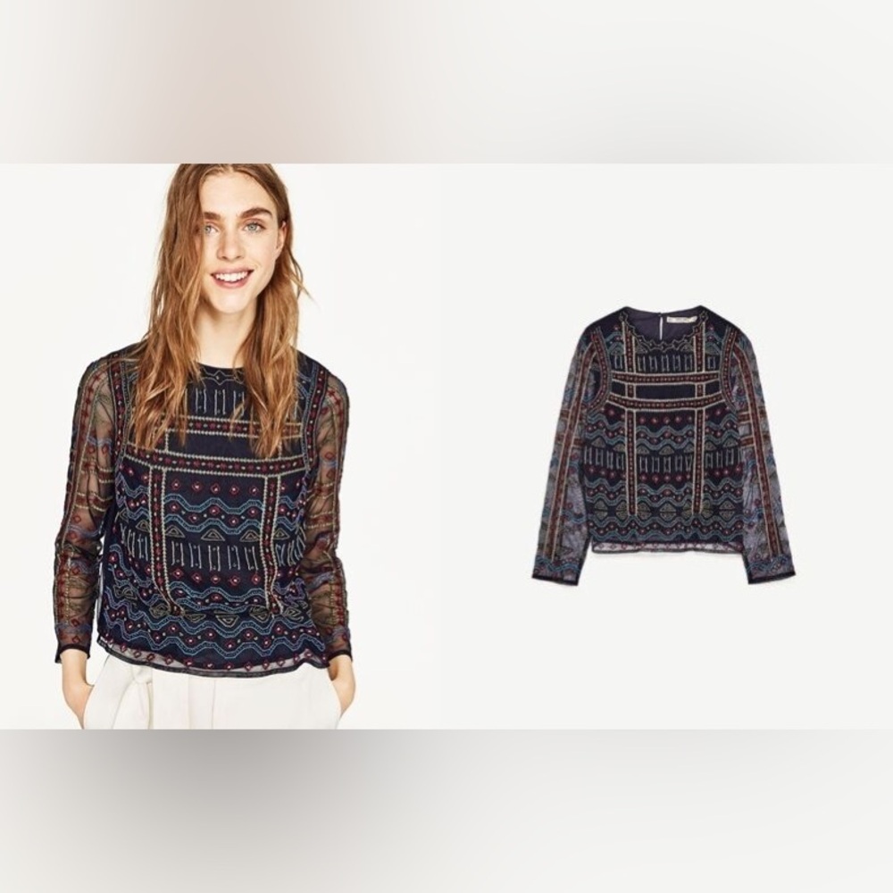Zara Navy Blue Embroidered Embellished Crop Long Sleeve Mesh Top Bloggers Fave ✨